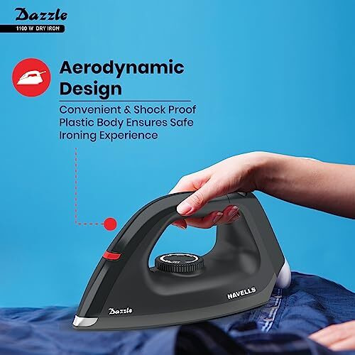 Havells Dry Iron Dazzle 1100 Watts, Iron Press, Greblon Non Sick Sole Plate With German Technology, Shock Proof Body, Aerodynamic Design, 360 Swivel Cord, 2 Year Manufacturer Warranty (Black) Plastic