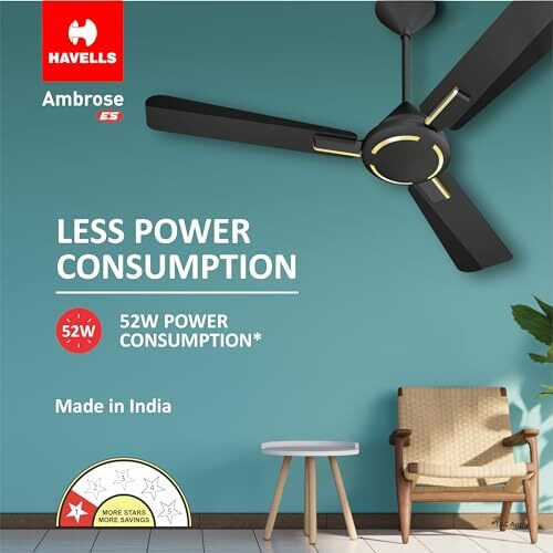 Havells 1200Mm Ambrose Es Ceiling Fan|Premium Matt Finish, Decorative Fan, Elegant Looks, High Air Delivery, Energy Saving, 100% Pure Copper Motor|2 Year Warranty|(Pack Of 1, Midnight) 1 Star