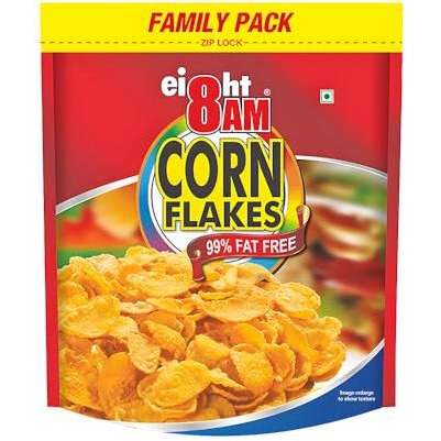 8Am Corn Flakes Family Pack 1Kg, 92% Corn, 99% Fat Free, No Cholesterol, Trans Fat, Vitamin B3 & Iron, Crunchy & Nutritious Whole Grain Breakfast Cereal