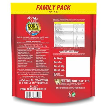 8Am Corn Flakes Family Pack 1Kg, 92% Corn, 99% Fat Free, No Cholesterol, Trans Fat, Vitamin B3 & Iron, Crunchy & Nutritious Whole Grain Breakfast Cereal