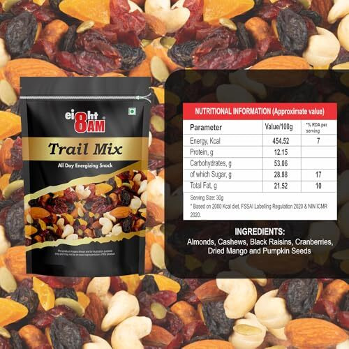 8Am Trail Mix Dry Fruits & Nuts, 200Gm, Made With Nutritious Ingredient Cranberries, Cashew, Almonds, Black Raisin, Dried Mango, Pumpkin Seeds, Healthy And Tasty Snack, Rich Source Of Zinc, Potassium And Iron