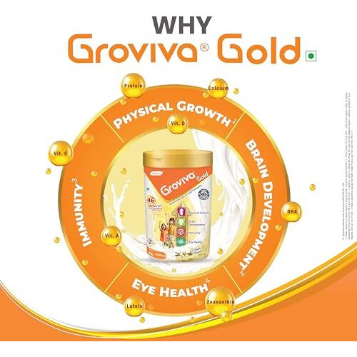 Groviva Gold Milk Protein Powder For Kids | 2-6 Years | 400G Vanilla Jar| 46 Nutrients | Growth & Digestive Nutrients | Supports Physical Growth, Brain Development, Immunity & Eye Health