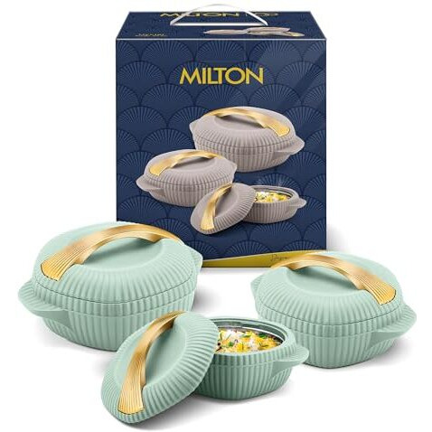 Milton Plastic Oyster Jr. Gift Set Pu Insulated Casserole, Set Of 3 (455 Ml, 860 Ml, 1275 Ml), Light Green, Bpa Free, Food Grade, Hot And Cold, Easy To Carry, Easy To Store, Chapati, Roti, Curd Maker