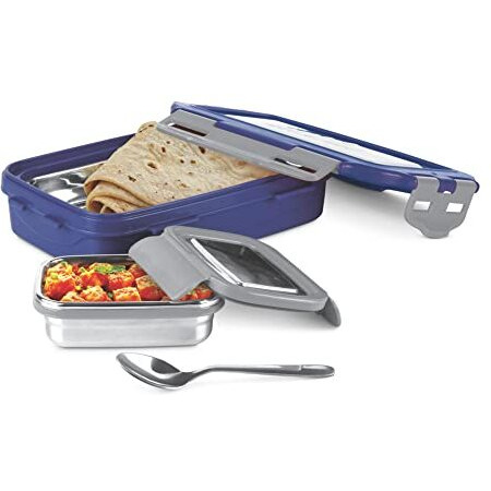 Milton Steely Super Deluxe Big Kids Lunch Box, Inner Stainless Steel Insulated Containers With Clip Lock Lid, 500 Ml & 175 Ml, Airtight Leakproof Kids Lunch Box, For School & Picnic, Dark Blue