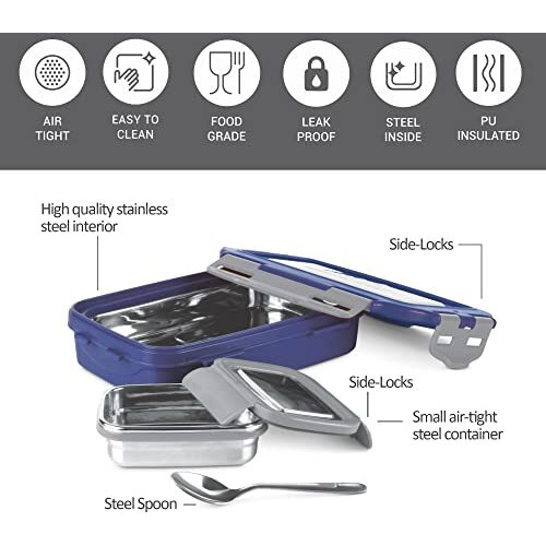 Milton Steely Super Deluxe Big Kids Lunch Box, Inner Stainless Steel Insulated Containers With Clip Lock Lid, 500 Ml & 175 Ml, Airtight Leakproof Kids Lunch Box, For School & Picnic, Dark Blue