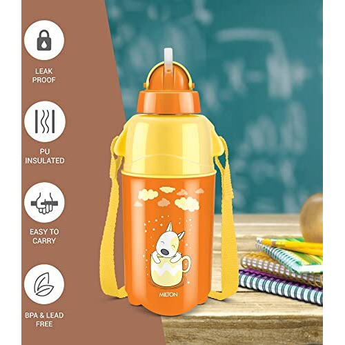 Milton Kool Trendy 400 Kids Plastic Insulated Water Bottle With Straw, 370 Ml, Sipper Bottle, Leak Proof, Bpa Free, Food Grade, School & Picnic Bottle, Orange