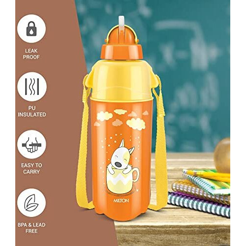 Milton Kool Trendy 500 Kids Plastic Insulated Water Bottle With Straw, 490 Ml, Sipper Bottle, Leak Proof, Bpa Free, Food Grade, School & Picnic Bottle, Orange