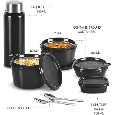 Milton Pro Lunch Box With Steel Cutlery, 3 Microwave Safe Inner Steel Containers (180Ml, 320Ml, 450Ml) Plastic Chutney Dabba 100Ml, Steel Bottle 750Ml With Insulated Bag, Office Tiffin, Black