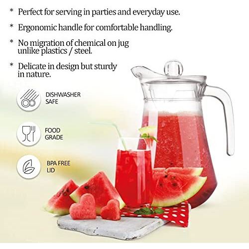 Treo By Milton Conical Fresh 1300 Glass Jug With Lid And Handle, 1 Piece, 1.3 Litres, Transparent, Serve Water, Beverages, Iced Tea, Juices, Cocktail, Milk, Chaas, Shakes