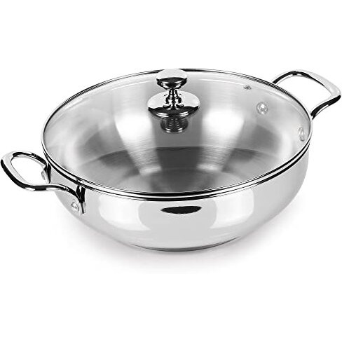 Milton Pro Cook Stainless Steel Sandwich Bottom Kadhai With Glass Lid, 28 Cm / 4.2 Litres, Steel Plain | Dishwasher Safe | Induction Safe | Flame Safe | Gas Stove Safe | Hot Plate Safe | Ss Handle