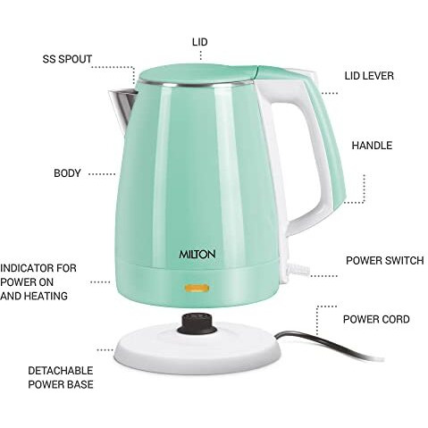 Milton Euroline Riga Electric 1.5 Stainless Steel Electric Kettle, 1 Piece, 1.5 Litres, Aqua Green, Power Indicator, 1500 Watts, Double Walled, Auto Cut-Off