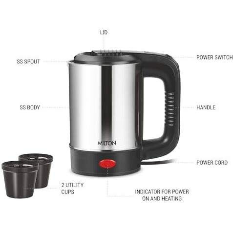Milton Stainless Steel Euroline Electric Travel Kettle With Handle, 1000 Watt, 500 Ml | 2 Utility Cups | Auto Shut-Off | Concealed Heating Element | Power Indicator |1Year Warranty, Silver