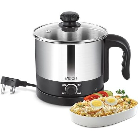 Milton Kitchen Essential Euroline Go Electro Electric Cooker With Glass Lid, 600 Watt, 1.2 Litres, Multi-Purpose Kettle Cum Steamer For Instant Noodles, Eggs, Cordless Pot