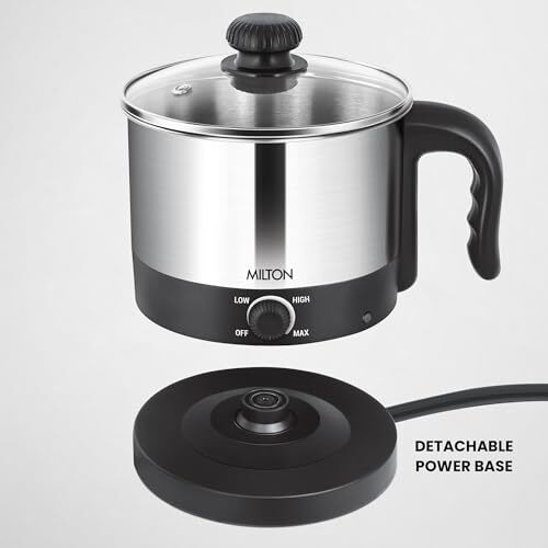 Milton Kitchen Essential Euroline Go Electro Electric Cooker With Glass Lid, 600 Watt, 1.2 Litres, Multi-Purpose Kettle Cum Steamer For Instant Noodles, Eggs, Cordless Pot