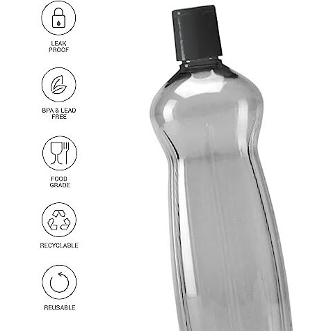 Milton Pacific Pack Of 6 Water Bottles, 1 Litre Each, Reusable Plastic Fridge Bottle Set, Bpa Free And Leak Proof Bottles For Travel, Work, Grey