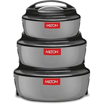Milton Ernesto Inner Stainless Steel Jr. Casserole Set Of 3 (420 Ml, 850 Ml, 1.43 Litres), Grey | Easy To Carry | Serving | Stackable