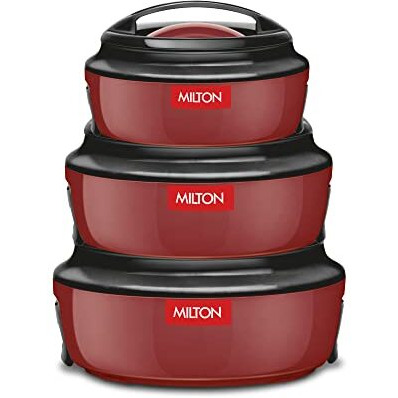 Milton Ernesto Inner Stainless Steel Jr. Casserole Set Of 3 (420 Ml, 850 Ml, 1.43 Litres), Red | Easy To Carry | Serving | Stackable