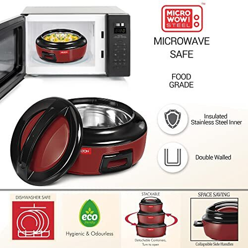 Milton Ernesto Inner Stainless Steel Jr. Casserole Set Of 3 (420 Ml, 850 Ml, 1.43 Litres), Red | Easy To Carry | Serving | Stackable