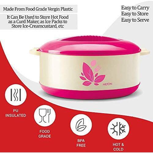 Milton Orchid 1500 Inner Stainless Steel Serving Casserole With Lid, Pu Insulated Kitchen Hot Pot, Keeps Food Hot & Fresh For Roti, Biryani, 1260 Ml, Pink