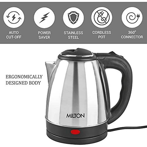 Milton Euroline Go Electro 1.2 Stainless Steel Electric Kettle, (1 Piece), 1.2 Litres, Silver | Power Indicator | 1500 Watts | Auto Cut-Off | Detachable 360 Degree Connector | Boiler For Water