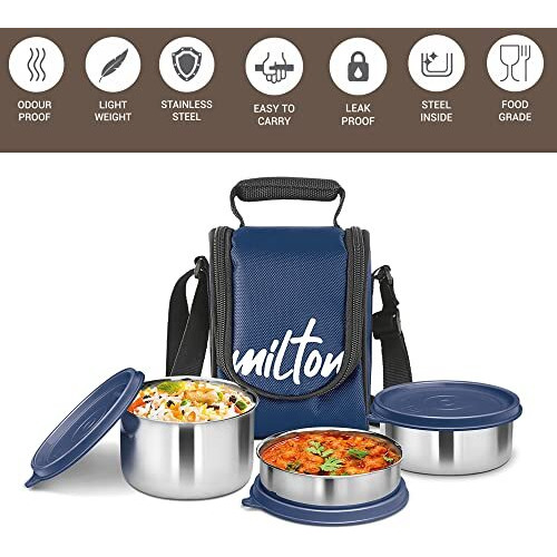 Milton Tasty 3 Lunch Box With Insulated Fabric Jacket, 3 Stainless Steel Containers (200 Ml, 320 Ml, 500 Ml), Leak-Proof Tiffin For Office, College, Picnic, Blue