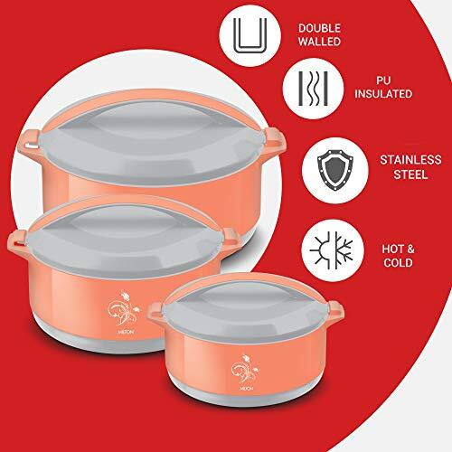 Milton Divine Jr. Inner Stainless Steel Serving Casserole Gift Set Of 3 (430 Ml, 830 Ml, 1400 Ml), Pu Insulated Kitchen Hot Pot, Keeps Food Hot & Fresh For Roti, Biryani, Orange