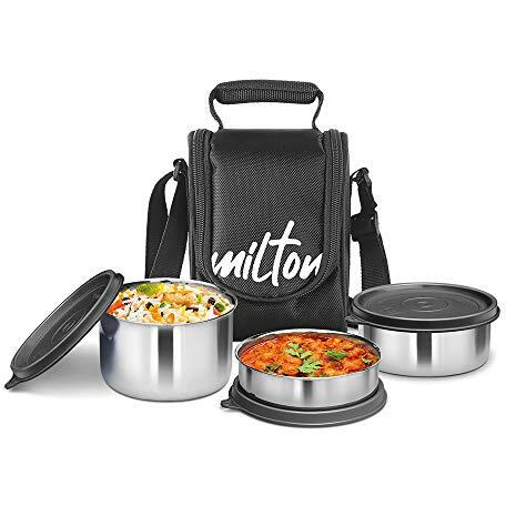 Milton Tasty 4 Lunch Box With Insulated Fabric Jacket, 4 Stainless Steel Containers (200 Ml, 320 Ml, 500 Ml), Leak-Proof Tiffin For Office, College, Picnic, Black