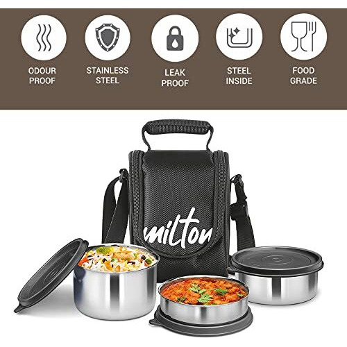 Milton Tasty 4 Lunch Box With Insulated Fabric Jacket, 4 Stainless Steel Containers (200 Ml, 320 Ml, 500 Ml), Leak-Proof Tiffin For Office, College, Picnic, Black