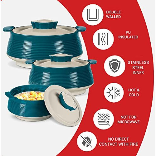 Milton Venice Double Walled Inner Stainless Steel Serving Casserole Set Of 3 (450 Ml, 850 Ml, 1350Ml), Pu Insulated Kitchen Hot Pot, Keeps Food Hot & Fresh For Roti, Biryani, Marble Green