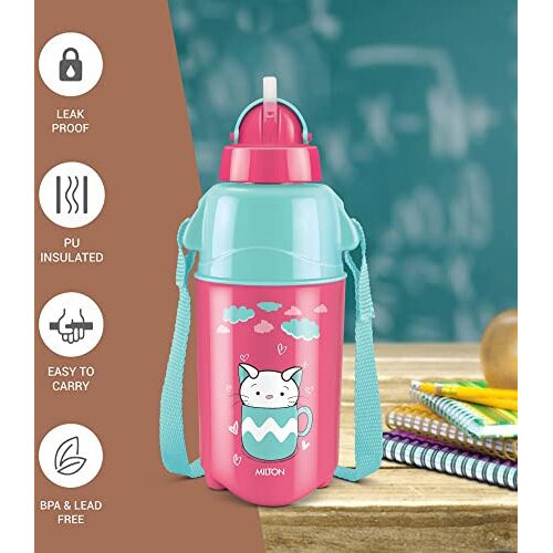 Milton Kool Trendy 400 Kids Plastic Insulated Water Bottle With Straw, 370 Ml, Sipper Bottle, Leak Proof, Bpa Free, Food Grade, School & Picnic Bottle, Cherry Piink