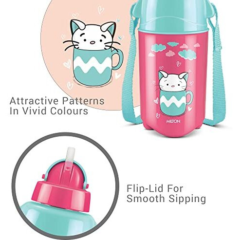Milton Kool Trendy 400 Kids Plastic Insulated Water Bottle With Straw, 370 Ml, Sipper Bottle, Leak Proof, Bpa Free, Food Grade, School & Picnic Bottle, Cherry Piink