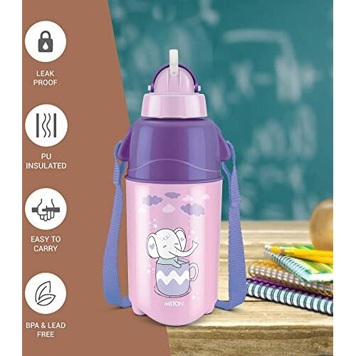 Milton Kool Trendy 400 Kids Plastic Insulated Water Bottle With Straw, 370 Ml, Sipper Bottle, Leak Proof, Bpa Free, Food Grade, School & Picnic Bottle, Purple