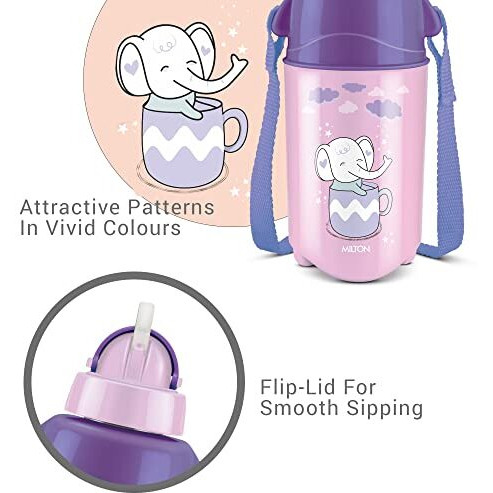 Milton Kool Trendy 400 Kids Plastic Insulated Water Bottle With Straw, 370 Ml, Sipper Bottle, Leak Proof, Bpa Free, Food Grade, School & Picnic Bottle, Purple