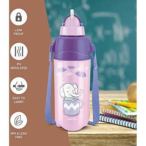 Milton Kool Trendy 500 Kids Plastic Insulated Water Bottle With Straw, 490 Ml, Sipper Bottle, Leak Proof, Bpa Free, Food Grade, School & Picnic Bottle, Purple