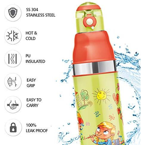 Milton Kool Stunner 600 Kids Plastic Insulated Water Bottle, 520 Ml, Sipper Bottle, Leak Proof, Bpa Free, Food Grade, School & Picnic Bottle, Sea Green