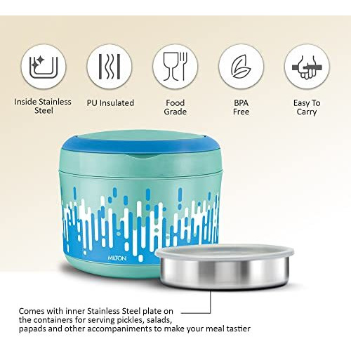 Milton Big Bite Lunch Box Pu Insulated Double-Walled Stainless Steel Container With Inner Partition Plate & Carrying Handle, 900 Ml, Aqua Green For Travelling, School & Office