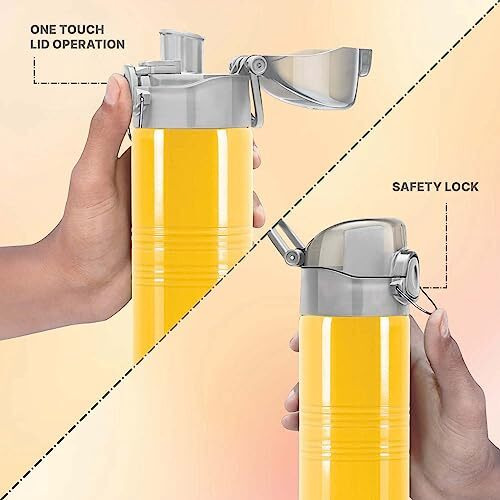 Milton Vogue 1000 Stainless Steel Water Bottle With One Touch Safety Lock, 750 Ml Water Bottles, Single Walled, Leak-Proof, Rust-Free Steel Bottle, Easy Grip, Easy To Carry, Travel Bottle, Yellow