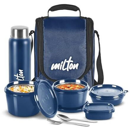 Milton Pro Lunch Box With Steel Cutlery, 3 Microwave Safe Inner Steel Containers (180 Ml, 320 Ml, 450 Ml), Plastic Chutney Dabba,100 Ml, Steel Bottle, 750 Ml With Insulated Bag, Office Tiffin, Blue