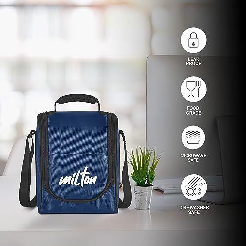 Milton Pro Lunch Box With Steel Cutlery, 3 Microwave Safe Inner Steel Containers (180 Ml, 320 Ml, 450 Ml), Plastic Chutney Dabba,100 Ml, Steel Bottle, 750 Ml With Insulated Bag, Office Tiffin, Blue