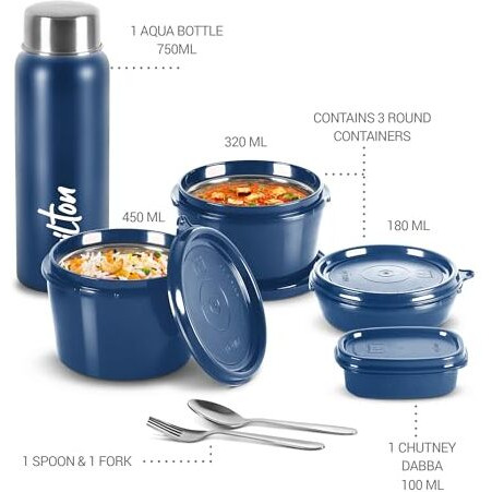 Milton Pro Lunch Box With Steel Cutlery, 3 Microwave Safe Inner Steel Containers (180 Ml, 320 Ml, 450 Ml), Plastic Chutney Dabba,100 Ml, Steel Bottle, 750 Ml With Insulated Bag, Office Tiffin, Blue