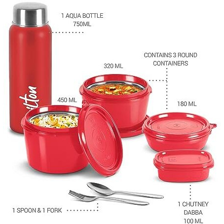 Milton Pro Lunch Box With Steel Cutlery, 3 Microwave Safe Inner Steel Containers (180 Ml, 320 Ml, 450 Ml), Plastic Chutney Dabba,100 Ml, Steel Bottle, 750 Ml With Insulated Bag, Office Tiffin, Maroon