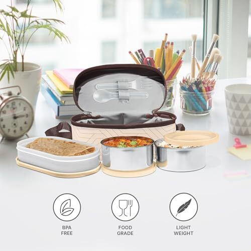 Milton Stainless Steel Executive Lunch Insulated Tiffin, 2 Round Containers, 280 Ml Each, 1 Oval Container, 450 Ml, Beige
