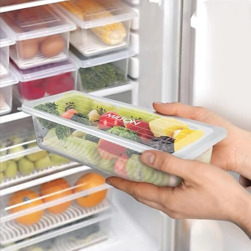 Milton Cryo Fridge Storage Boxes Set Of 6 Fridge Organizer Container With Waterproof Vinyl Stickers & Removable Drain Plate, Lid, Stackable Box, Plastic Containers 1500 Ml, Transparent