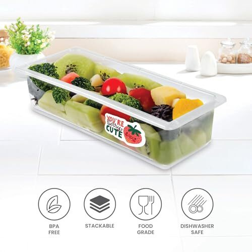 Milton Cryo Fridge Storage Boxes Set Of 6 Fridge Organizer Container With Waterproof Vinyl Stickers & Removable Drain Plate, Lid, Stackable Box, Plastic Containers 1500 Ml, Transparent