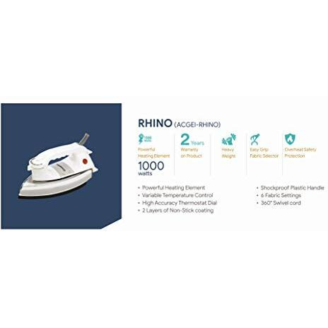 Crompton Rhino 1000-Watt Heavy Weight Dry Iron With Non Stick Teflon Coating (White/Silver)