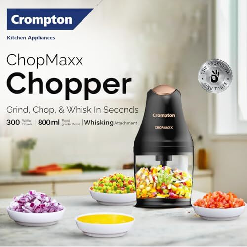Crompton Chopmaxx Electric Vegetable Chopper | 300 Watts Motors | Twin S-Shaped Ninja Food Grade Blades | 800 Ml See Through Food Grade Bowl | Whisking Attachment | Easy To Clean & Store