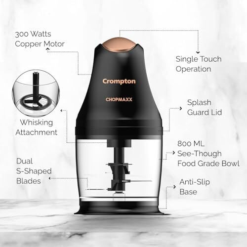 Crompton Chopmaxx Electric Vegetable Chopper | 300 Watts Motors | Twin S-Shaped Ninja Food Grade Blades | 800 Ml See Through Food Grade Bowl | Whisking Attachment | Easy To Clean & Store