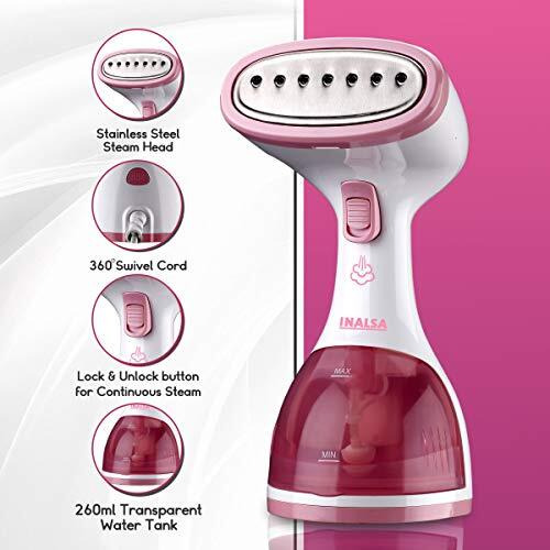 Inalsa Garment Steamer For Clothes/Fabric, Steam Iron -Vertical & Horizontal Steaming Up To 20G/Min, Travel Iron, 1200 Watt, 260 Ml Water Tank & 20 Sec Fast Heating,1 Yr Warranty,White/Pink (Steamax)