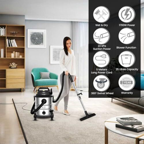 Inalsa Vacuum Cleaner Wet And Dry Heavy Duty 1700 W & 25 Ltr Capacity|22Kpa Suction|Hepa Filter & Metal Telescopic Tube|2 Year Warranty|Ss Metal Tank|For Home,Office,Hotel Cleaning (Master Vac 25)