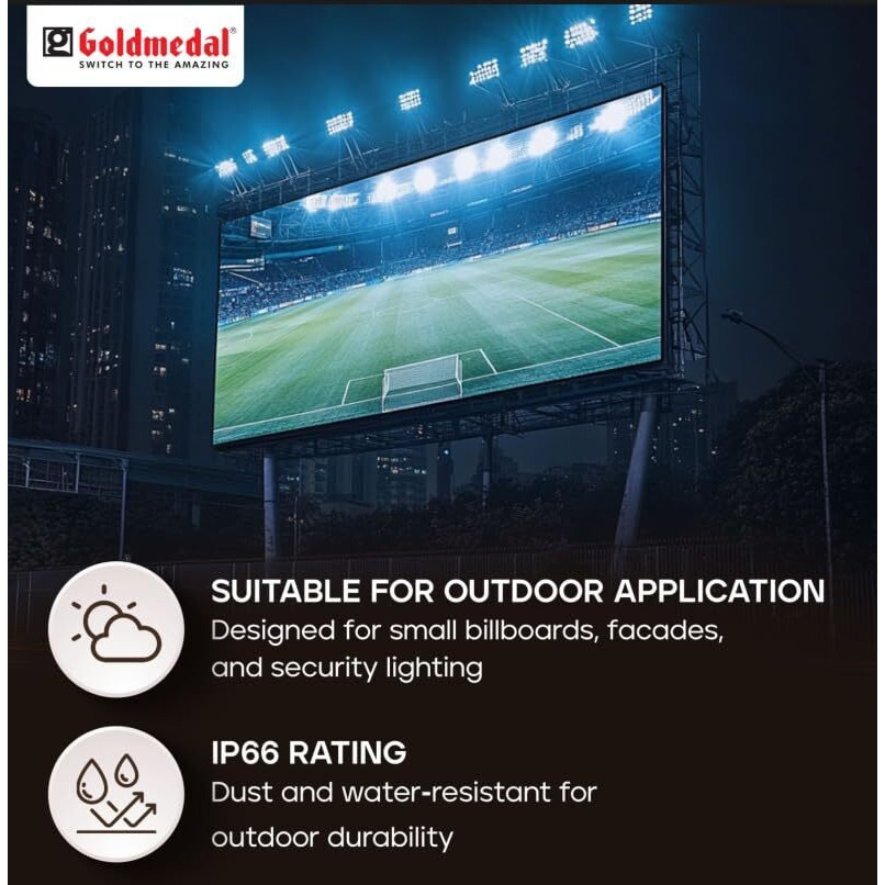 Goldmedal Crystalline 50W Led Flood Light - Cool Daylight (6500K) | Pack Of 1 | Ip66 (Water & Weather Proof) | Suitable For Outdoor Application | 100 Lumens Per Watt | Dimension 217X30X205Mm